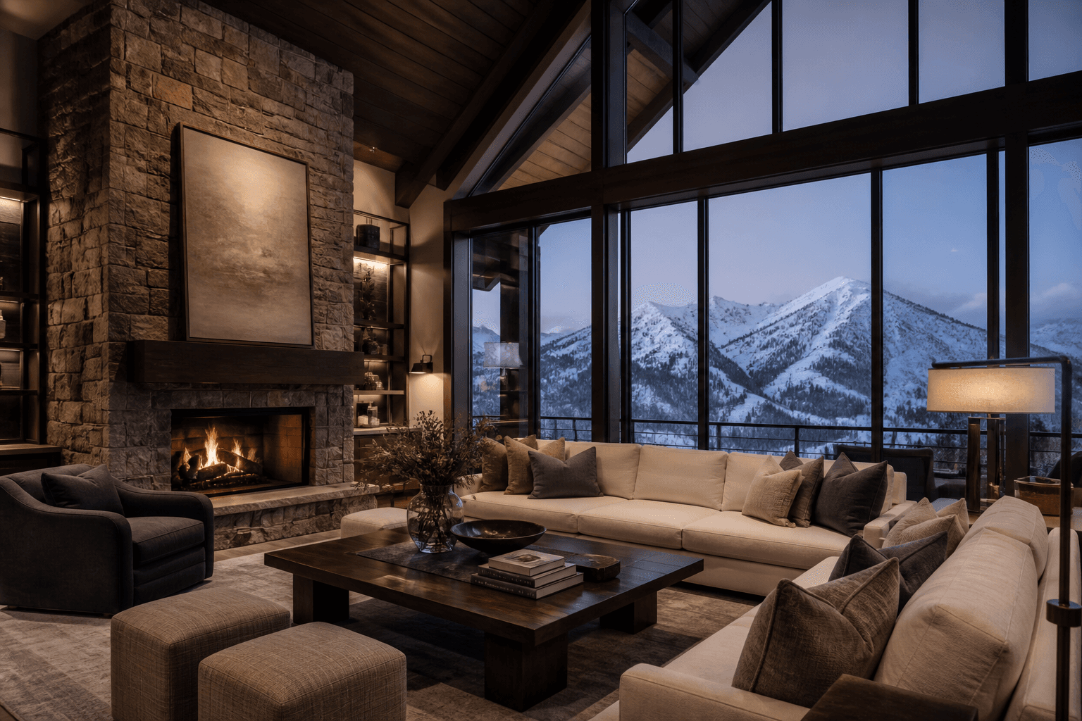A carefully maintained mountain estate interior overlooking snowy peaks