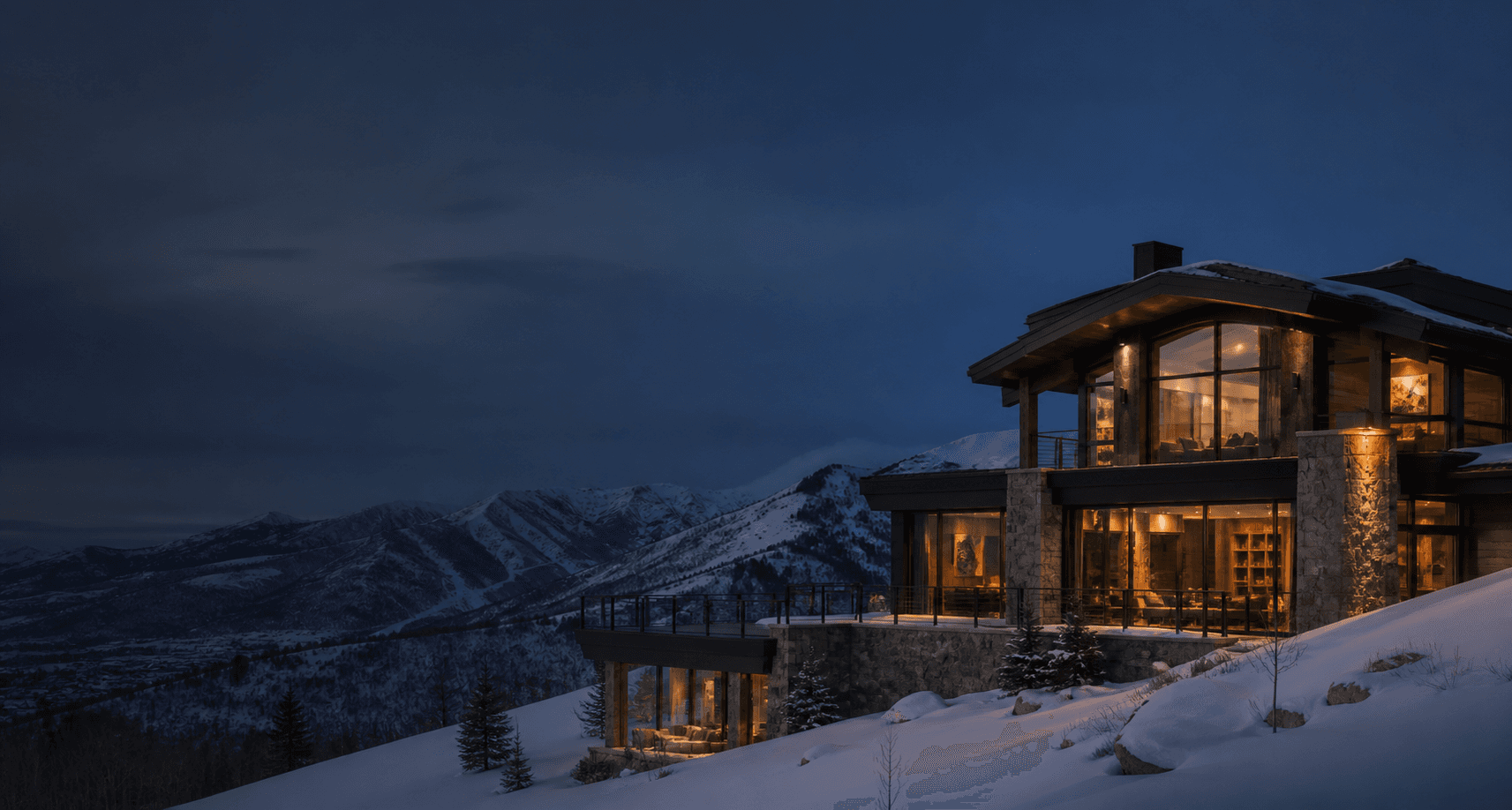 A luxury Park City mountain estate overlooking the Wasatch Back at blue hour